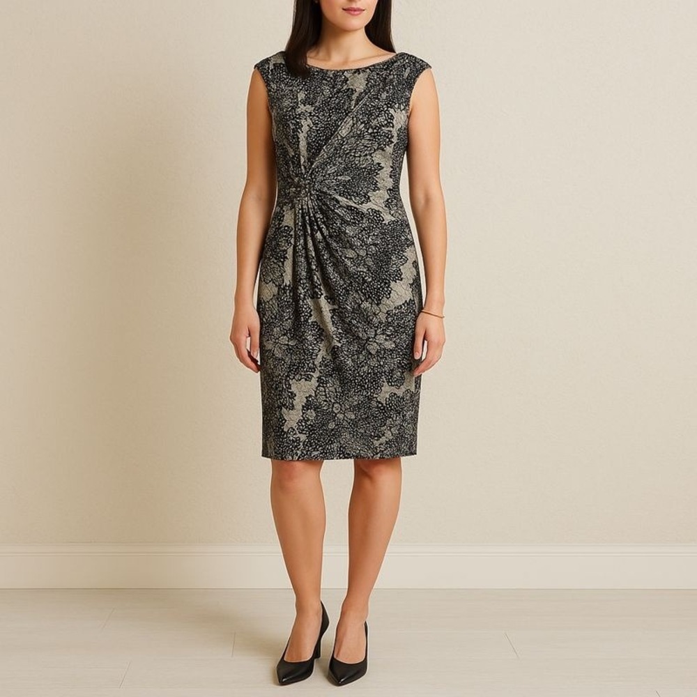 Connected Apparel Dress Size 6 Black Floral Wrap Ruched Sheath Stretch Nordstrom